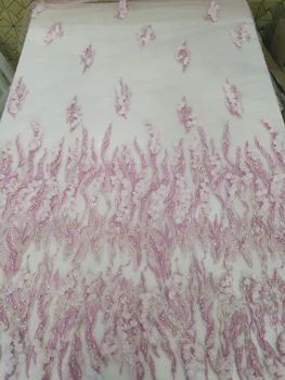 

3d handmade chiffon flowers beads sequins embroidery african lace fabric baby pink color pretty lady style factory price 2020