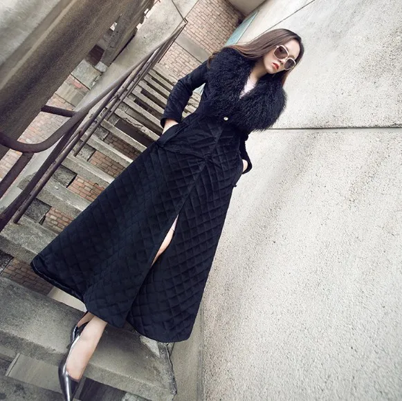 Black X-long parkas Женская куртка модный большой меховой воротник а линия тонкое теплое пальто женская зимняя Макси хлопковая парка для женщин DS50951 - Цвет: Black