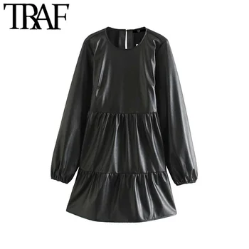 

TRAF Women Vintage Chic PU Faux Leather Pleated Mini Dress Fashion O Neck Long Sleeve Female Dresses Casual Vestidos Mujer