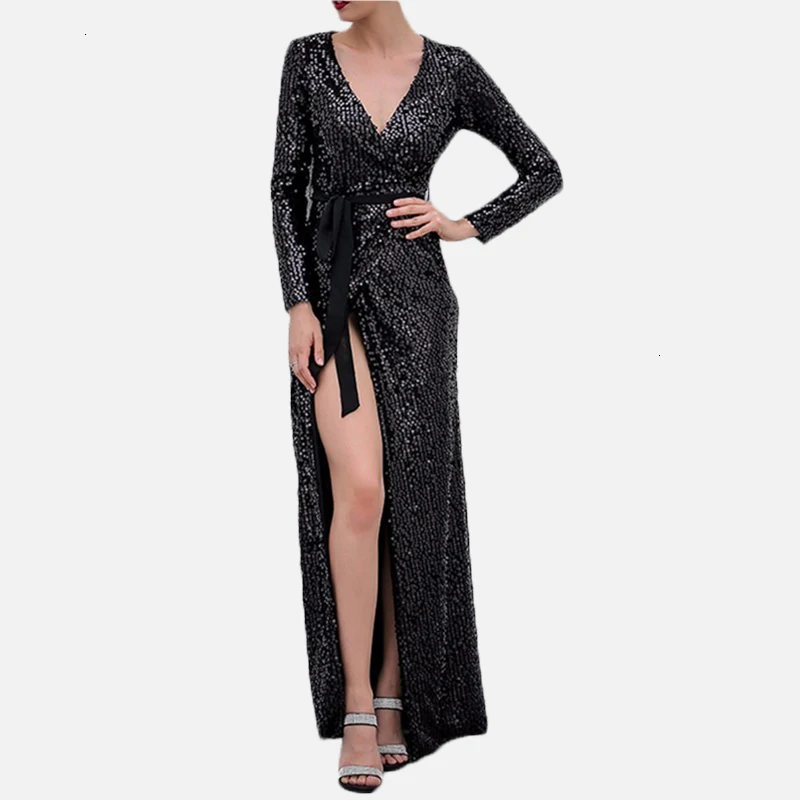 Women's Sexy Deep Split Sequined Maxi Dresses Casual Slim Long Sleeve Sashes Party Dress Spring Autumn Fashion Shinny Vestiso |