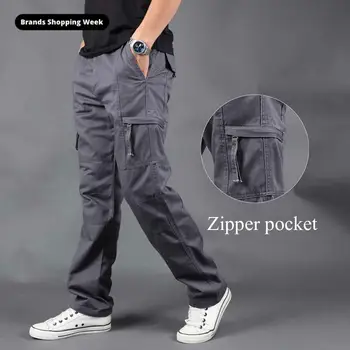 FALIZA New Cargo Pants Men's Zipper Side Pockets Cotton Men Military Style Tactical Trousers Outwear Straight Loose Pants PA50 zipper fly straight leg pockets cargo pants
