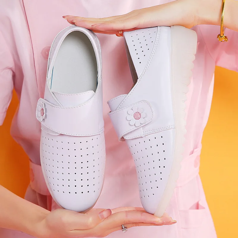 

2020 New Style Genuine Leather Nurse Shoes Women's Large Size Velcro Shoes White Hollow White Hospital Work Shoes WOMEN'S Shoes