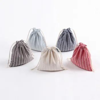 

2020 new package yarn-dyed striped cotton and linen storage beam mouth drawstring tea gift candy clothing finishing bag