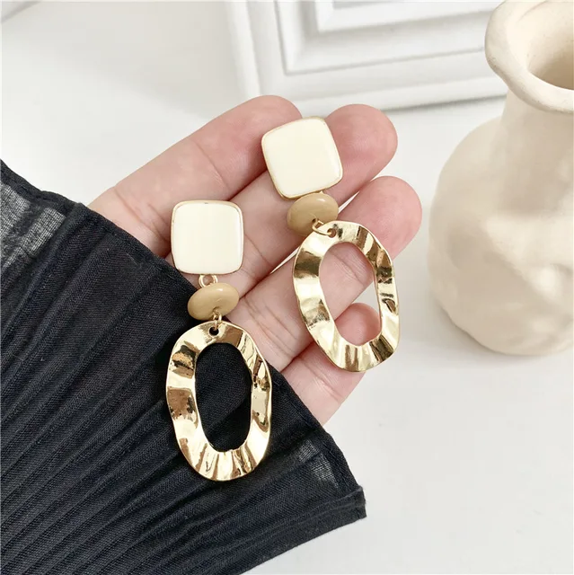NEW Fashion Temperament Women Drop Glaze RUANME A Pair Of Eardrop Long Metal Geometry Earrings Jewelry Accessories Gold-color