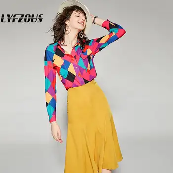 

Retro Two 2 Piece Sets Women Geometric Print Blouse And Yellow Skirt Ladies fashion 2pcs skirt suits Sets top clothes