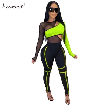 

Mesh Sexy 2 Piece Set Women Tracksuit 2020 Patchwork Bodysuit Top And Pants Sweat Suits Women 2 Piece Club Outfits Matching Sets
