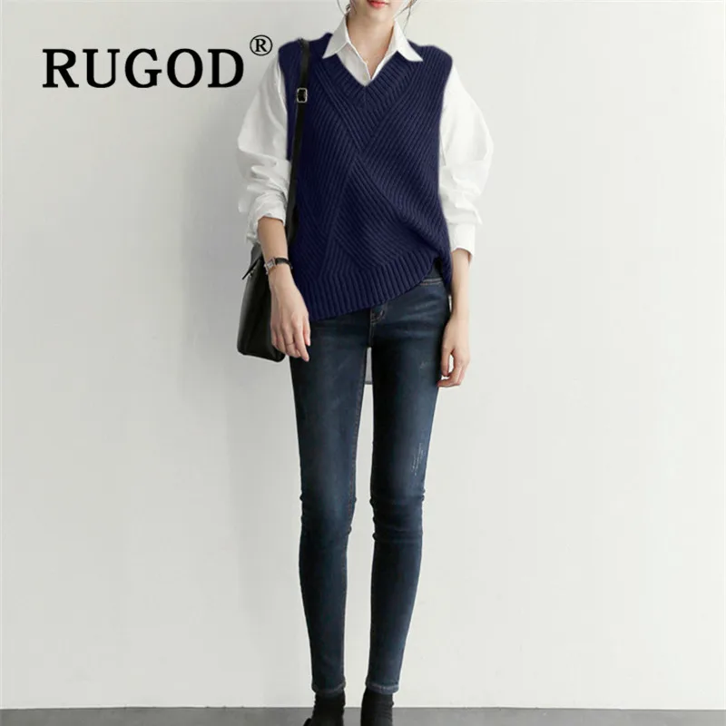 RUGOD New Women Knitted Sweater Vest V-neck Sleeveless Loose Slim Cross Sweater Korean Office Lady Streetwear Vest Coat