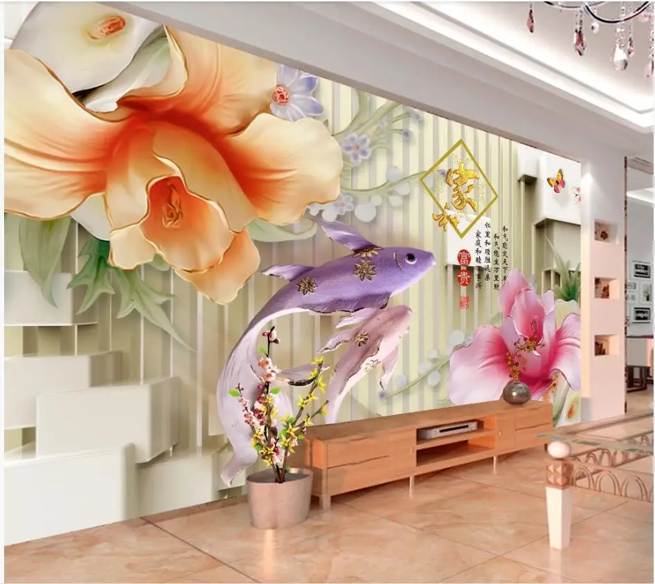 

Custom photo 3d wallpaper Beautiful pretty lady jade carving magnolia carp home decor 3d wall mural wallpaper for living room