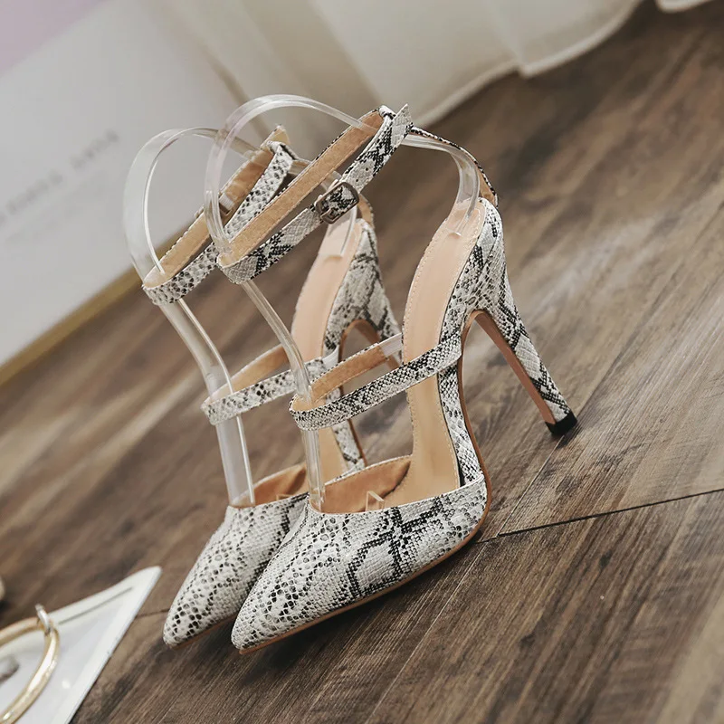 

Europe And America-Snakeskin-White Pointed-Toe Low-Cut Stiletto Ultra-High-Heel Pointy-Toe Sandals