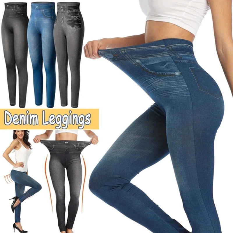Mallas vaqueras de cintura alta para mujer, Leggings transpirables de imitación, de talla grande, para primavera y otoño