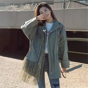 

Patchwork Mesh Windbreaker Coats Women Long Sleeve Trench Coat Female Casual Tops Casual 2018 Autumn Big Sizes New