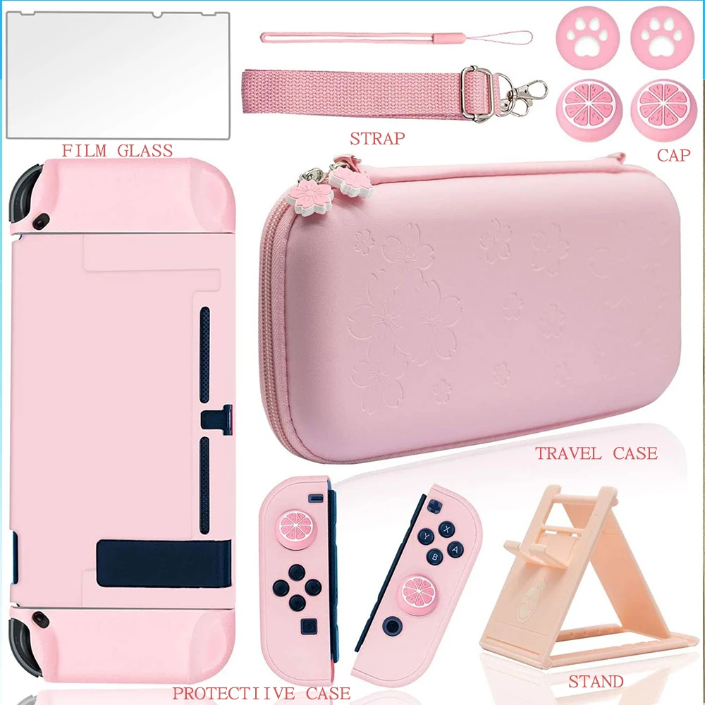Nintend Switch Console Case Accessori Set Pink Sakura Travel Bag Pack Case Bundle-Stand Joystick Cap Custodia Protettiva In Vetro