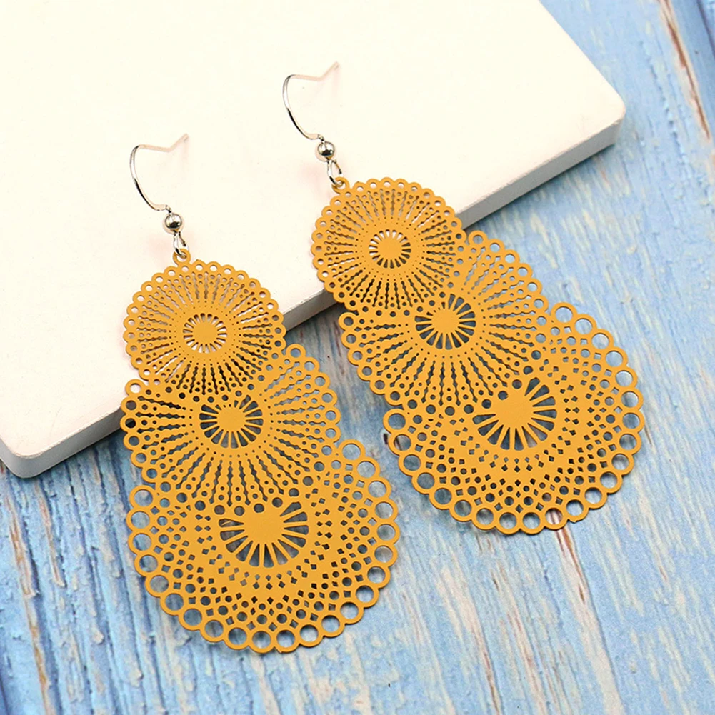 Red Round Earrings Bohemian Openwork Pattern Earrings For Women Big Statement Bridal Party Jewelry Long Drop