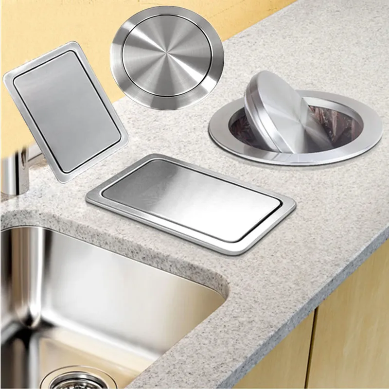 Kitchen Bar Builtin Trash Can Cover Flush Recessed Dustbin Trash Bin Lid Invisible Stainless