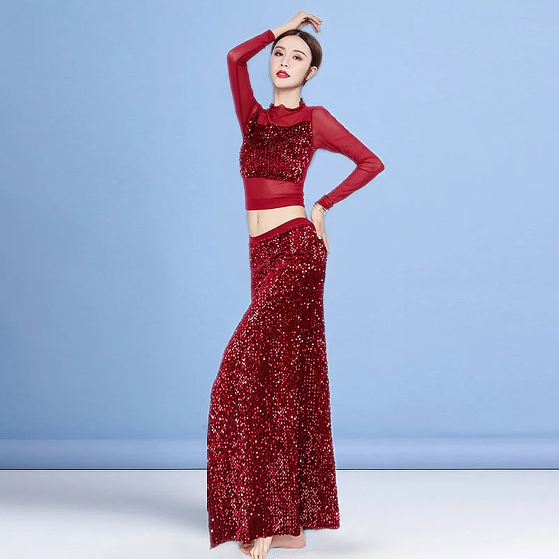 

Sparkle Fashion Autumn Winter Class Wear Women Dance Elegant Outfit Sequins Belly Dance Costume Set Mesh Top & Long Skirt