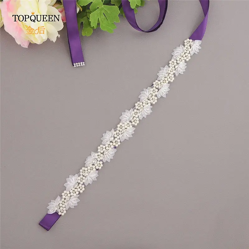 TOPQUEEN S232 пояс с цветами для свадьбы винтажный цветочный пояс атласный пояс для платьев свадебный пояс жемчужный пояс - Цвет: purple
