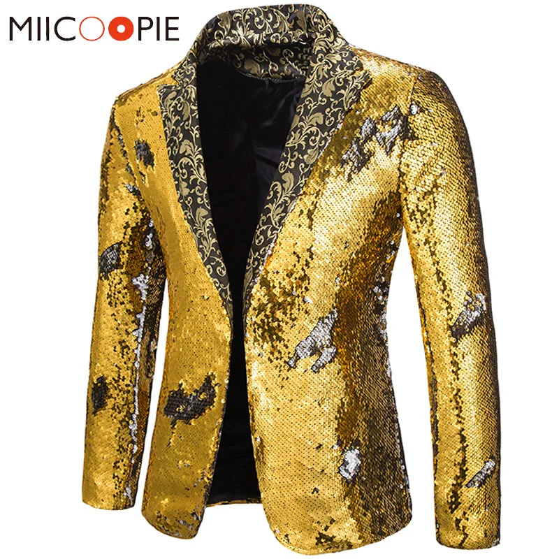 

Mens Sequin Jacket Evening Dress 2019 Shining Gold Jacket Stage Costumes For Singers Mens Floral Slim Fit Blaser Masculino Suits