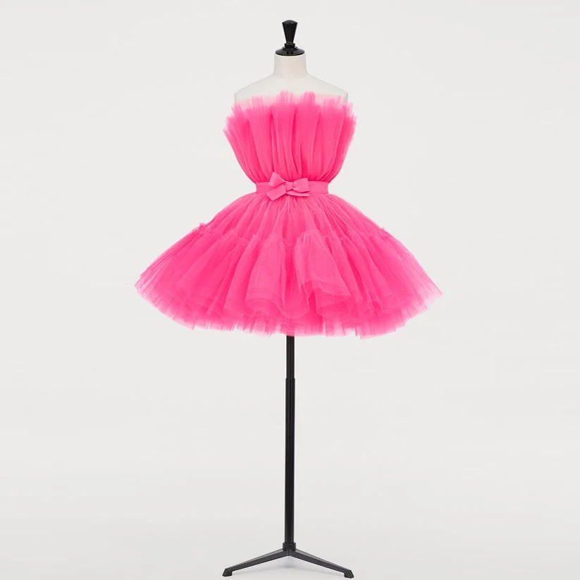 

Hot Pink Tulle Cocktail Prom Gown Dresses Short Puffy A Line Cute Homecoming Formal Party Dress with Sash Robe de soiree