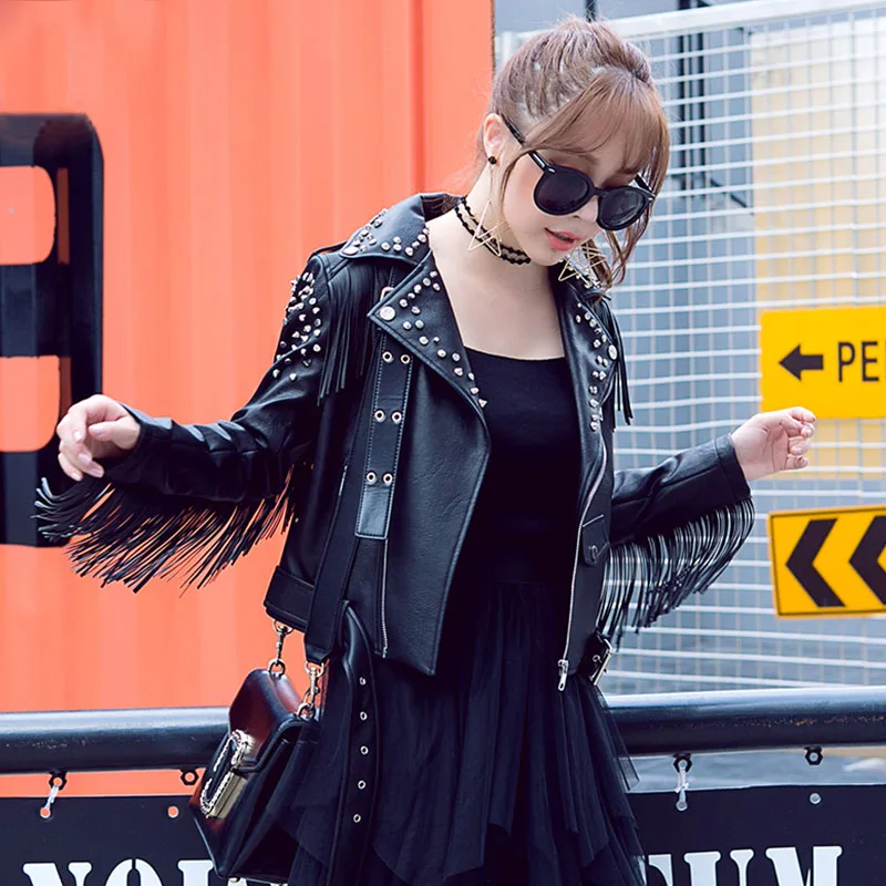 

Heavy work Rivet Suede tassel Faux PU leather jacket With belt Women Autumn New Plus size Short Slim leather Biker jacket Female