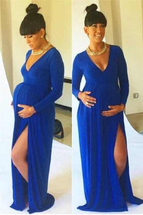 

Latest Sexy Maternity Side Slit V-neck Royal Blue Long Sleeve Pregnant vestido largos de festa 2018 mother of the bride dresses