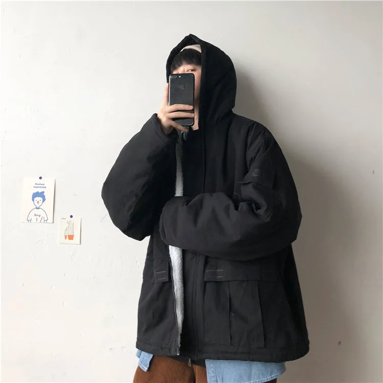 Liketkit, мужское зимнее пальто,, мужской большой размер, Одноцветный, овчина, толстый, с капюшоном, пальто, для мужчин, корейские пары, флисовые куртки и пальто