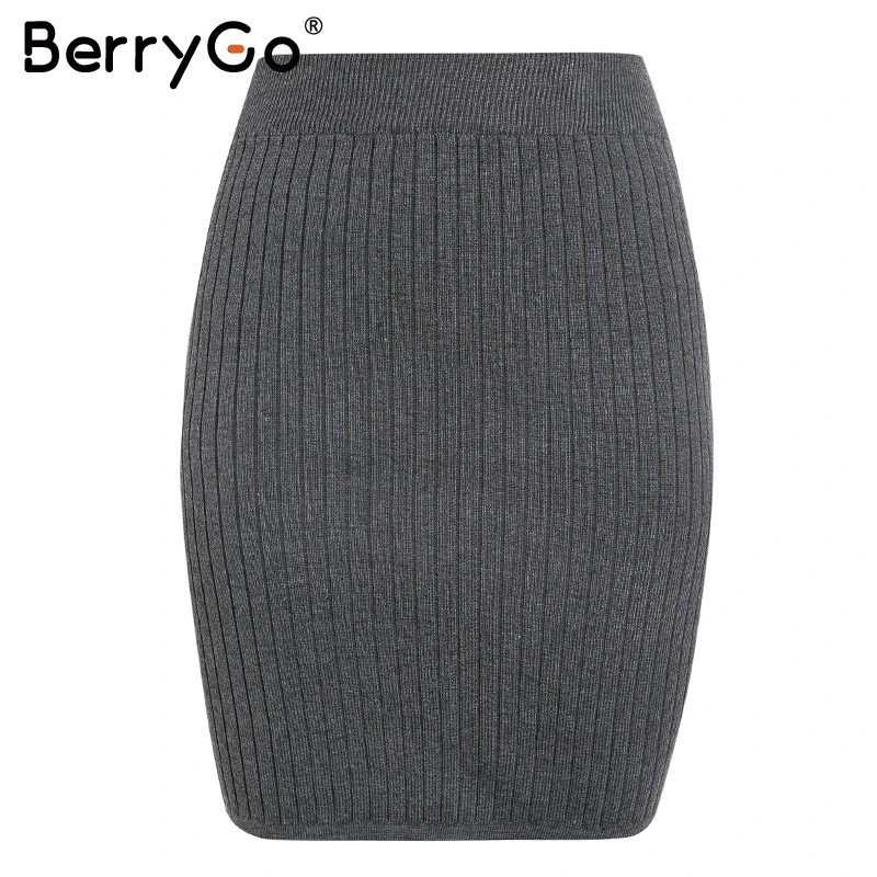 Серый BerryGo, элегантные, эластичные, вязаные юбки для женщин, шикарные, Осень-зима, теплые, прямые, женская юбка, в рубчик, одноцветные, короткие, женские юбки - Цвет: Серый