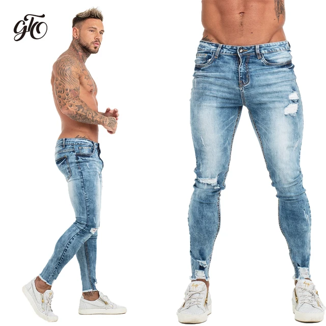 GINGTTO Jeans Men Elastic Waist Skinny Jeans Men 2020 Stretch Ripped Pants Streetwear Mens Denim Jeans Blue blue zm63