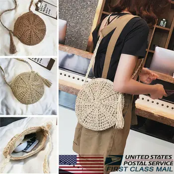 

1pc New Women Tassels Round Crossbody Shoulder Bag Beach Circular Rattan Wicker Straw Woven Basket Tote bag Straw Bags