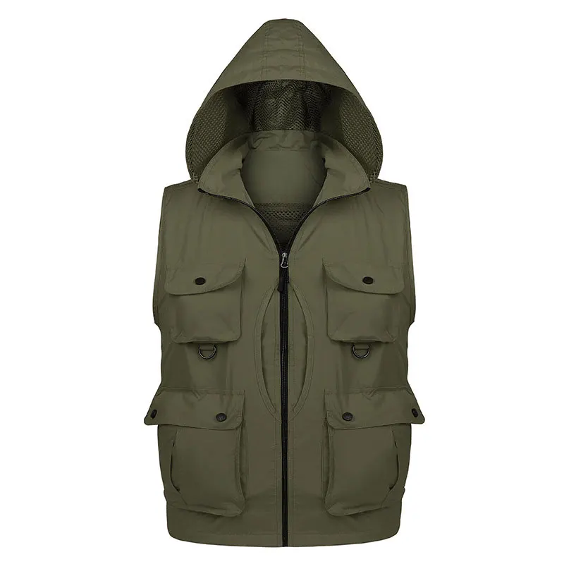 Quick-dry Hooded Fishing Photography Vest Men Removable Back V-neck Multi-bag Waistcoat Mountaineering Drifting Reporter Jackets