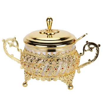 

Glass Alloy Sugar Bowl Salt Pot Pepper Storage Jar Seasoning Pot Container Condiment Spice Box Holder with Lid and Spoon (Golden