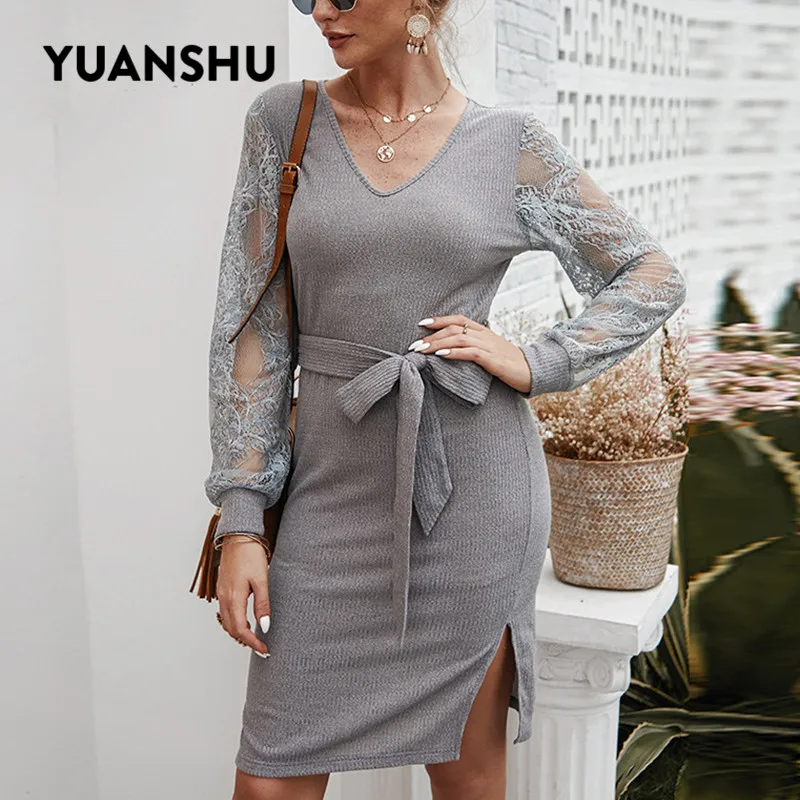 YUANSHU, сексуальное платье миди с кружевными рукавами, женское платье ...