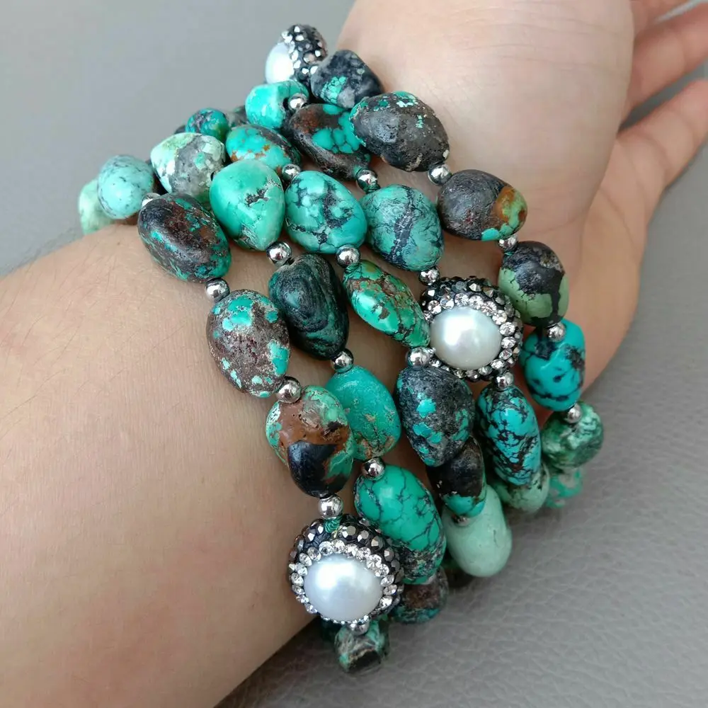 

8'' 3 Rows Natural Mixed Color Turquose White Pearl Bracelet
