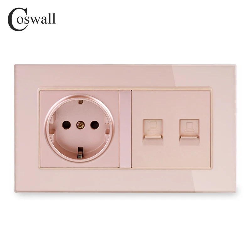 COSWALL настенная розетка стандарта ЕС+ 2 комплекта Интернет данных компьютера RJ45 CAT5E Разъем закаленное стекло панель