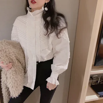 

COIGARSAM Full Sleeve Loose Shirt Womens tops New Spring Stand Neck Women shirts White 9285