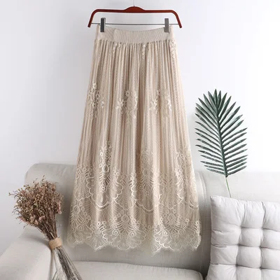 Wear on Both Sides Women Knitted Skirts Autumn Winter High Waist Lace Patchwork Long Skirt Large Swing A-Line Pleated Skirts - Цвет: Beige