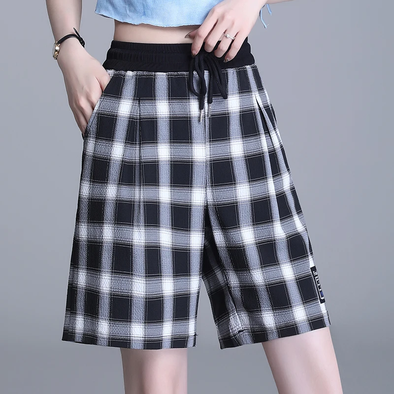 

2022 Female Striped Harem Pants High Drawstring Waist Grid Loose Shorts Women Mom Summer Pockets Sport Track Short Trousers