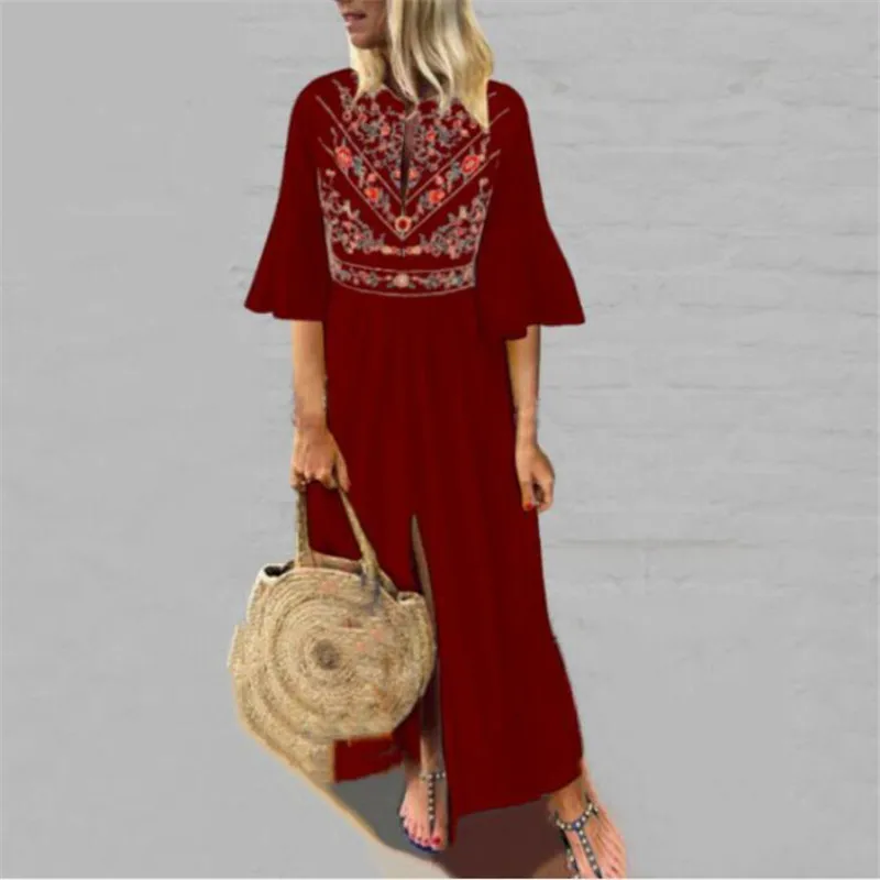 red Инди Фолк Белый Vestidos офисный принт винтажные осенние платья женское платье длинное Цветочное платье с коротким рукавом женское - Цвет: red