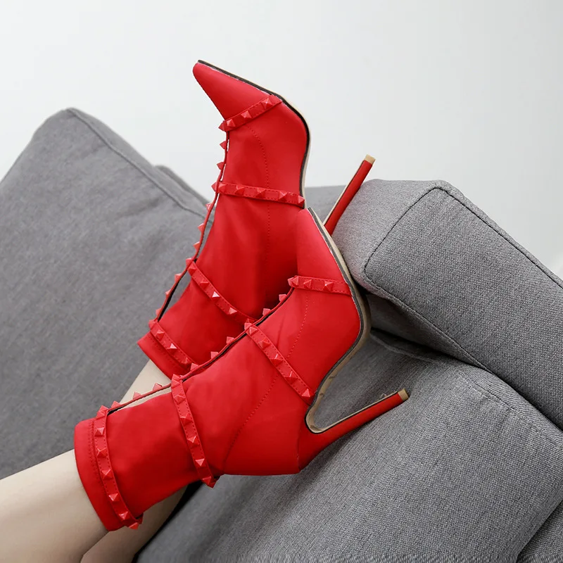 

ELVIRAS 2020 Autumn Rivets Silk Sock Boots WomenHigh Heels Stiletto Ankle Boots Scarpins Studded Fashion Luxury Shoes