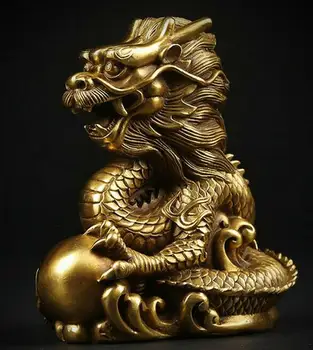 

6.50" Exquisite Chinese pure brass Handmade Lucky Zodiac dragon play bead statue