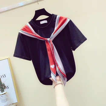

Tshirt Woman 2020 Spring and Summer New Korean Loose Cotton Heart Scarf Panel Lace-up Short-Sleeve T-shirt Shirts T-shirt Top
