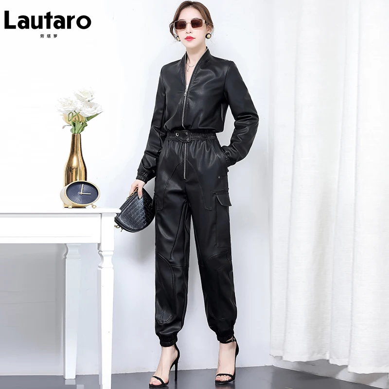 Lautaro-mameluco imitación cuero negro largo para mujer, monos de talla grande con cremallera de manga larga para mujer, moda de otoño para mujeres 2020 2021