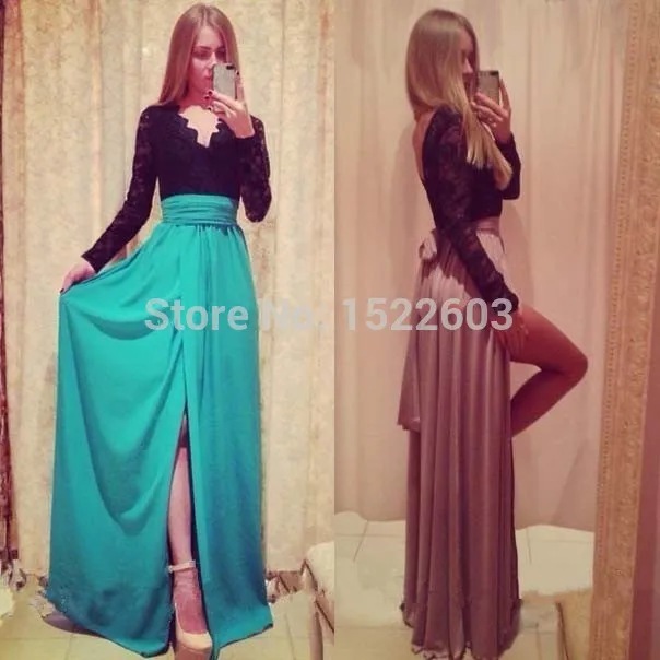 

New Arrival Prom Dresses Chiffon sheer Lace With Full Sleeve V-Neck Evening Dress Cap Sleeve Green Long Party Dress 2019 CY12