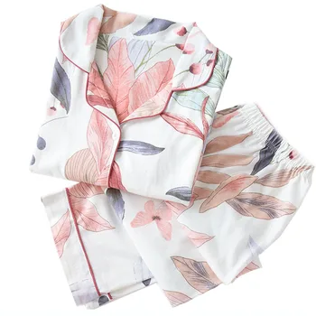 

Autumn New Ladies Pajamas Set Floral Printed Full Cotton Fresh Style Sleepwear Set Women Turn-down Collar Casual Female Homewear