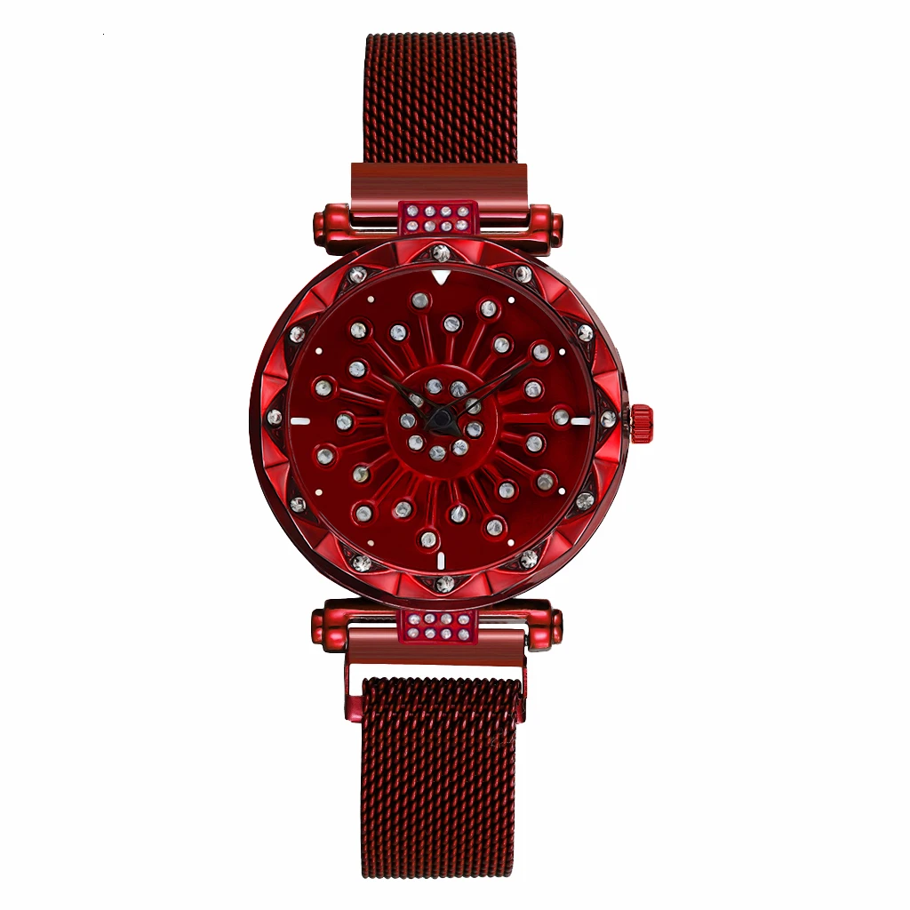 Women Magnet Buckle Rotating Diamond Dial Watch Luxury Ladies Stainless Steel Quartz Watch Clock Relogio Feminino - Цвет: red