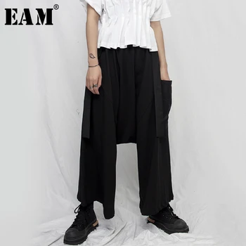 

[EAM] High Elastic Waist Black Pocket Split Long Wide Leg Trousers New Loose Fit Pants Women Fashion Spring Autumn 2020 1S964