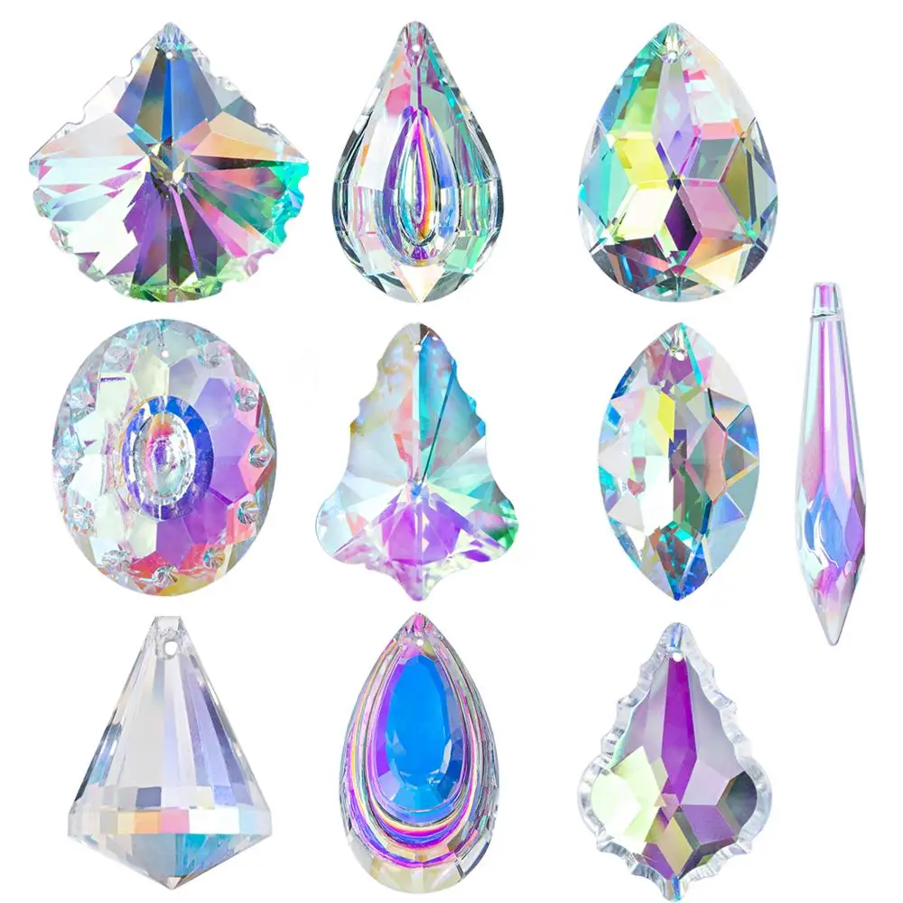 

H&D 10pcs AB Coating Crystal Chandelier Lamp Lighting Drops Pendants Prisms Hanging Glass Prisms Parts Suncatcher Home Car Decor
