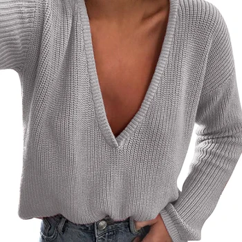 

Sweater Women Oversize Female Deep V Neck Knitted Sweater Casual Jumper Tops Long Sleeves Women Sweaters