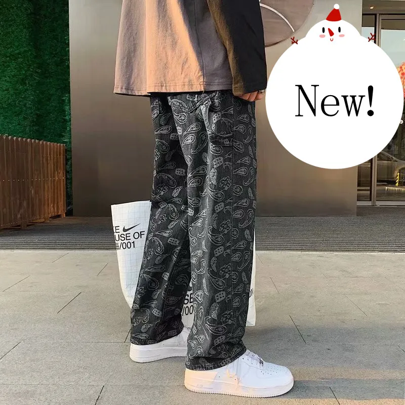 Pantalones vaqueros holgados de tubo recto para hombre, vaqueros negros con flor de anacardo, moda coreana, para primavera y otoño