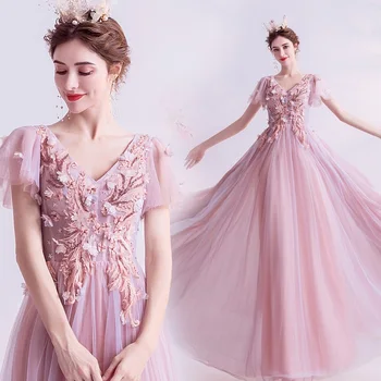 

Pink Evening Dress A-line V-neck Flowers Appliques Beaded Formal Luxury Party Dresses Evening Gowns Vestido De Festa JK80