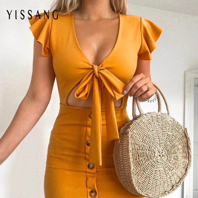 

Yissang Solid Ruffle Bodycon Dress Women Fitness Hollow Out Shell Button Mini Dress Sexy Bow Party Dress Vestido 2019 Summer